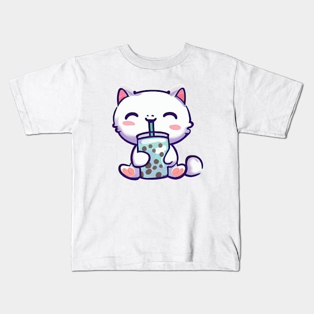 a cute cat holding and drinking boba tea Kids T-Shirt by Arteria6e9Vena